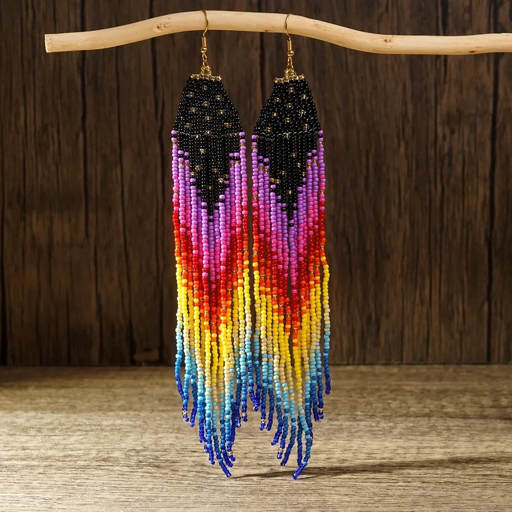 

ZGMXR Bohemia Alloy Gradient Color Rainbow Tassel Beaded Earrings for Women Hand Knitting Versatile Design Rice Bead Jewelry