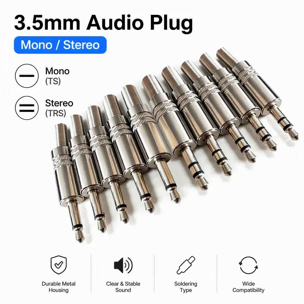 5Pcs Metal 3.5mm Male Headphone Plug Mono Stereo Audio Solder Cable Connector 3.5 2Pole 3Pole Earphone Jack Adapter