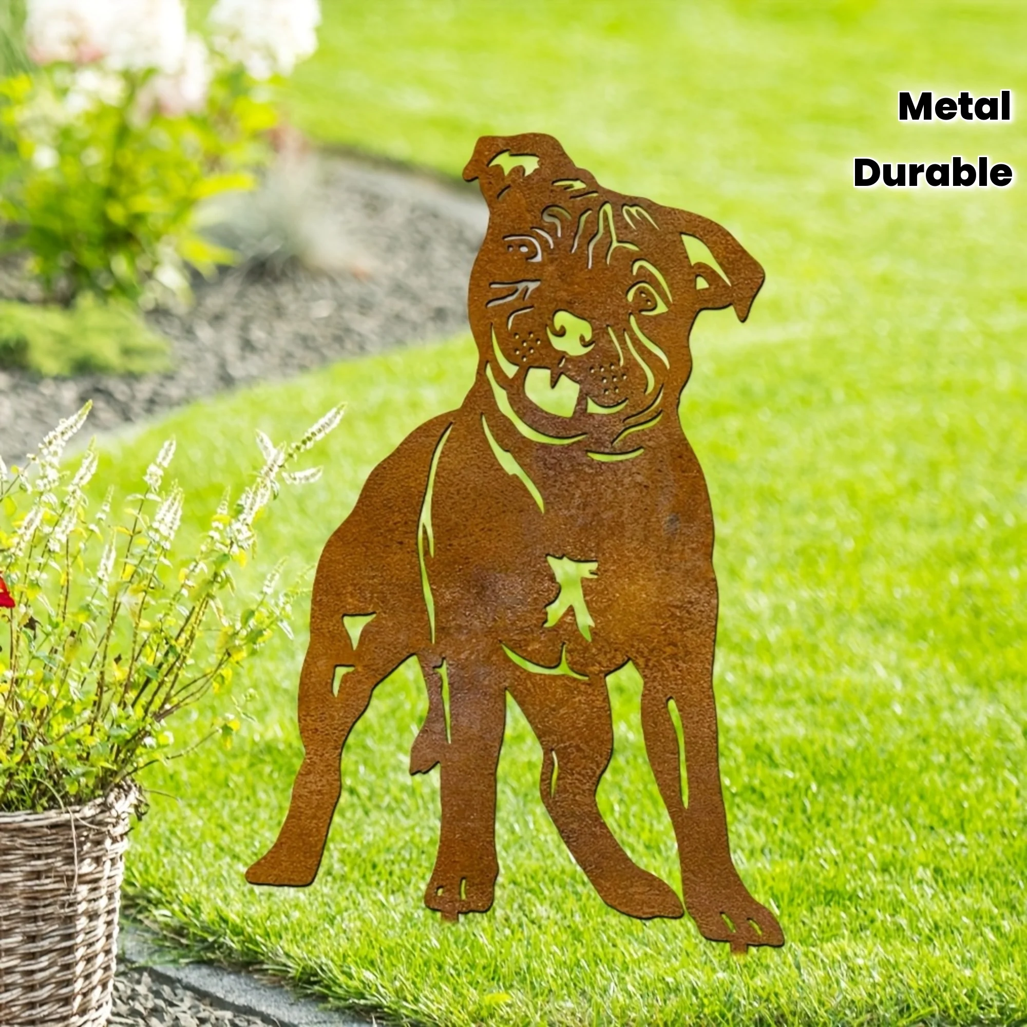 1pc Rusty Staffy Dog Garden Metal Art Sculpture - Classic Brown Outdoor Pet Memorial Decor, Durable Metal Stake
