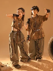 Retro Style Hip Hop Clothes For Kids Brown Tops Loose Jeans Girls Jazz Costume Boys Drum Show Clothing Summer Stage Wear BL13373