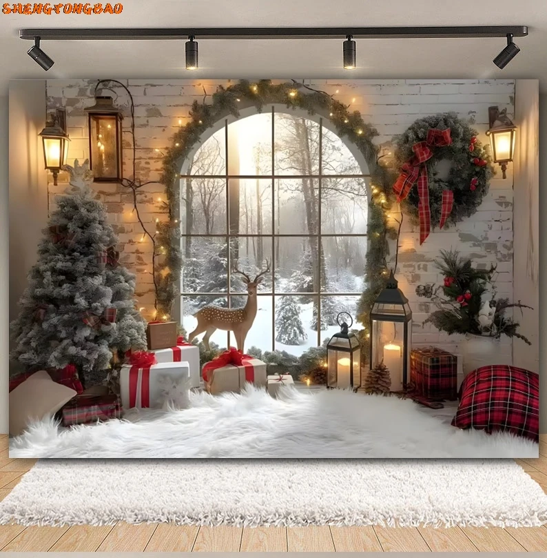 Toile de fond de photographie de fenêtre de Noël, décor de fond de famille adulte, accessoire de studio photo, arbre de Noël, cheminée, père Noël, fête de bébé