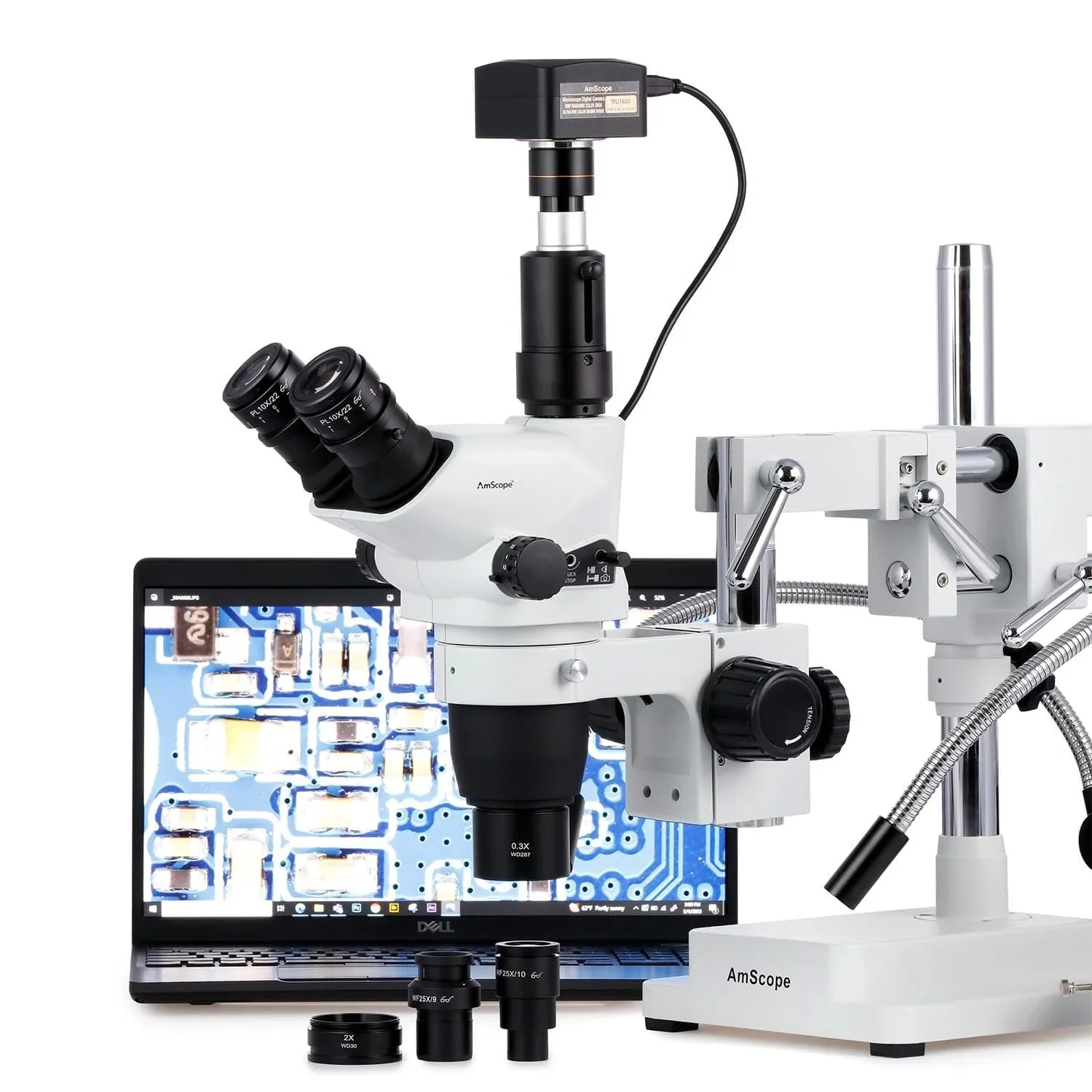 AmScope 2X-225X trójokularowy mikroskop Stereo Zoom wysięgnik z kamerą 9MP USB 2.0 i oświetlaczem O-Y światłowód Led 50W