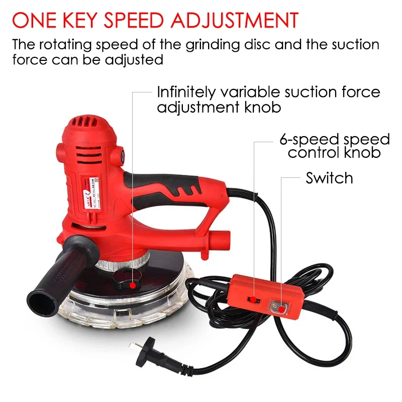 1250W Drywall Sander Wall Grinding Machine with Lamp Self-Vacuum Sandpaper Machine Putty Handheld Electric Polisher Grinder