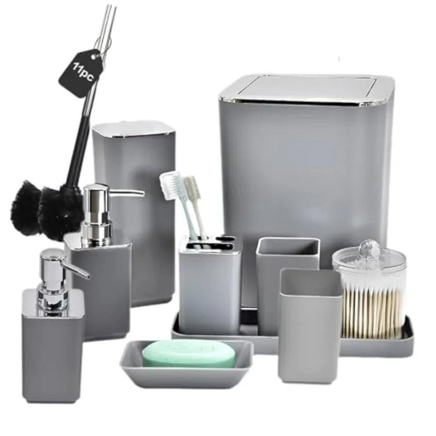 

Набор из 11 предметов для ванной комнаты премиум-класса с матовым черным покрытием и серыми акцентами, включает держатель для унитазной щетки, мусорную корзину, мыльницу