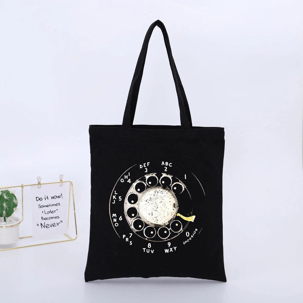 Rotary Phone Print Canvas Tote Bag, Retro Graphic for Daily Shopping and Casual Outings