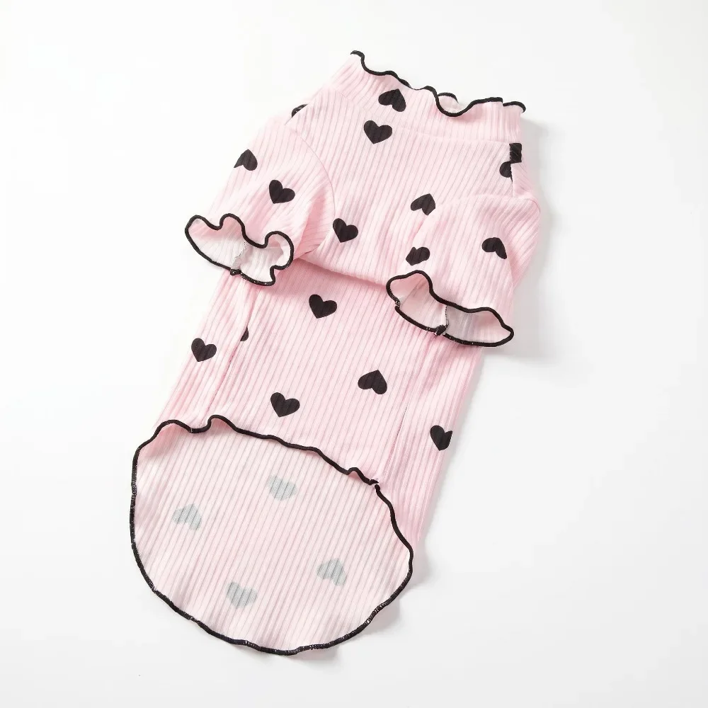 Hunde-T-Shirt mit Herz-Print und Rüschen, Weiches Geripptes Haustier-Basisshirt, Frühlings- und Sommerkleidung für Bichon, Teddy, Chihuahua, Kleine Hunde und Katzen – Detail 3