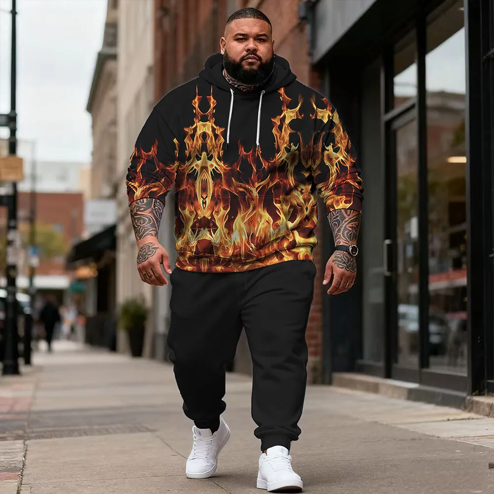 

S-9xl plus size Big & Tall Men's Flame Hoodie Set - Breathable, Easy-Match 2-Piece Outfit, Adds Energetic Flair