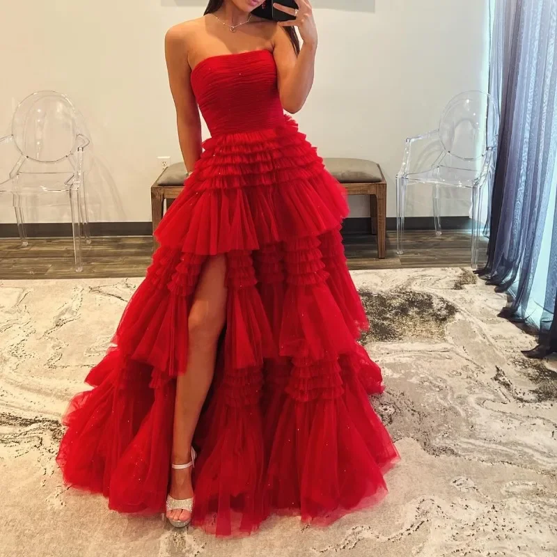 Personalizado elegante em camadas projetado vestido de festa formal 2024 novo sem alças verão malha vestidos de baile para as mulheres requintado noite longo