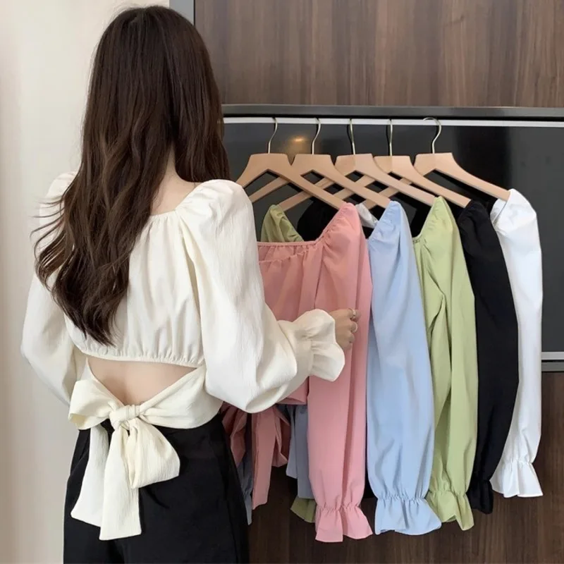 Autumn Women Off Shoulder Tshirt Chic Elegant Solid Flare Long Sleeve Tee Back Lace Up Bow Cropped Tops Folds Casual T-shirts