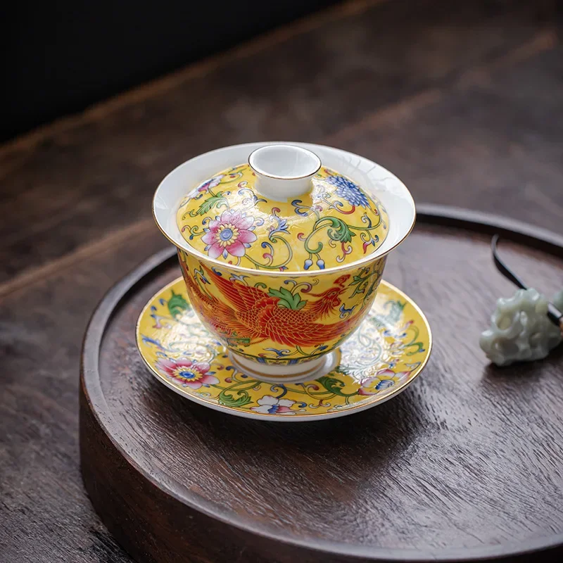 Tea Tureen Elegant Chinese Gaiwan Ceramic Dragon Hand-Painted Tea Set Color Enamel Tea Bowl with Saucer Kung Fu Tea Cup