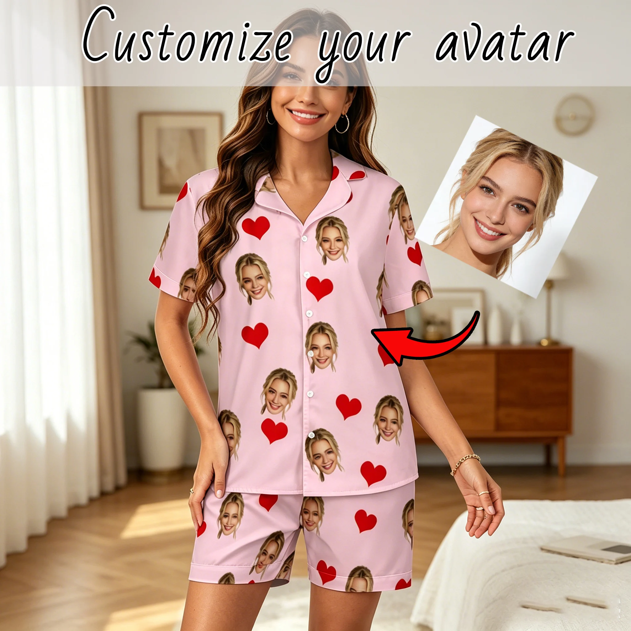 Custom Women's Summer Face Sleepwear Loungewear Custom Women's Short Sleeve Sleepwear Set Personalized Face Pajamas Cool Summe
