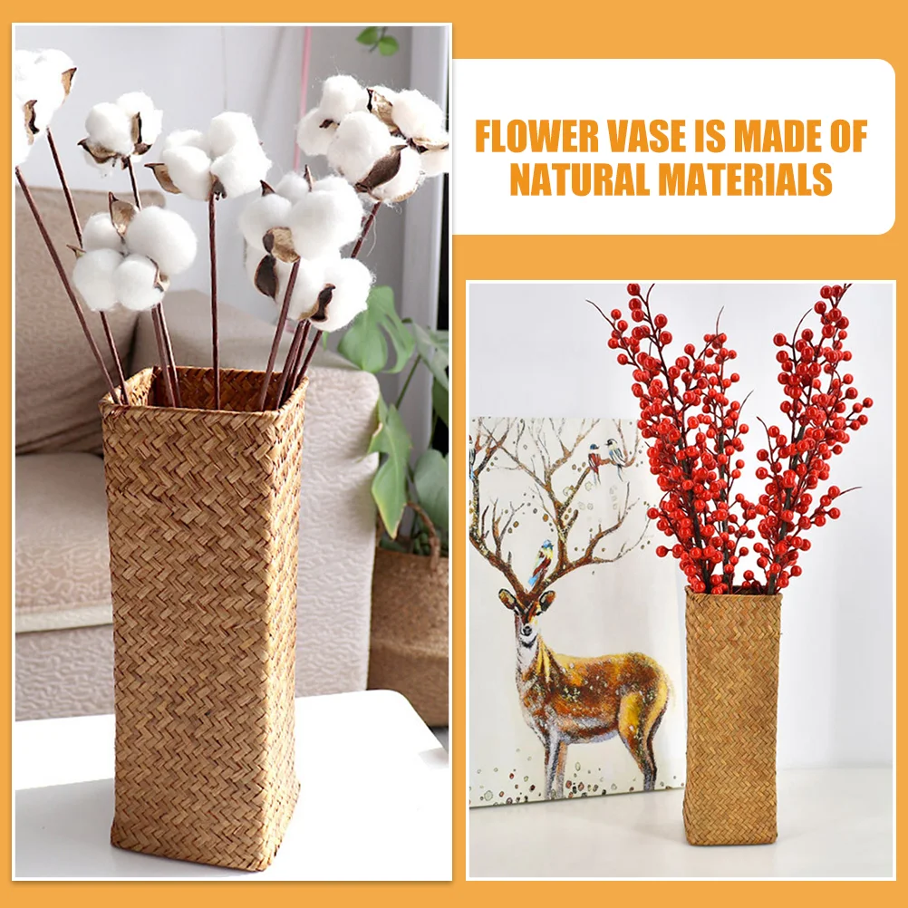 2 Pcs Vintage Vase Tall Flower Rustic Vases for Home Decor Pen Holder Tulips Seaweed Hand-woven Flowers