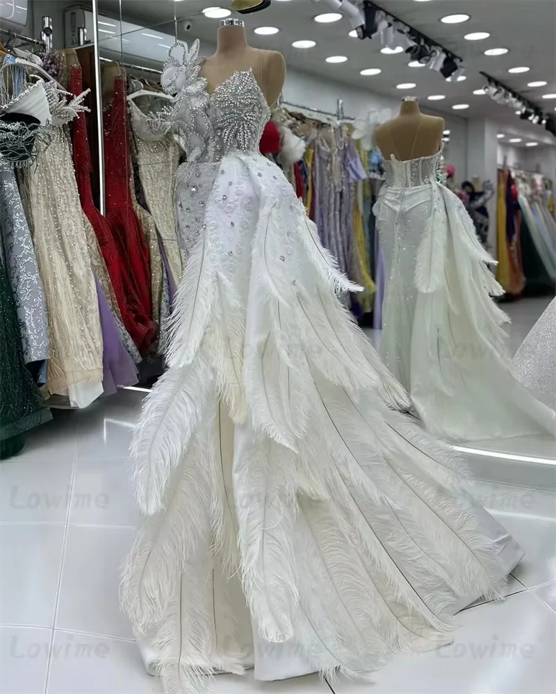 

Бежевое вечернее платье Aso Ebi с перьями, боковым шлейфом, 3D цветами и кристаллами, роскошное платье для выпускного вечера, свадьбы, торжества, второго приема