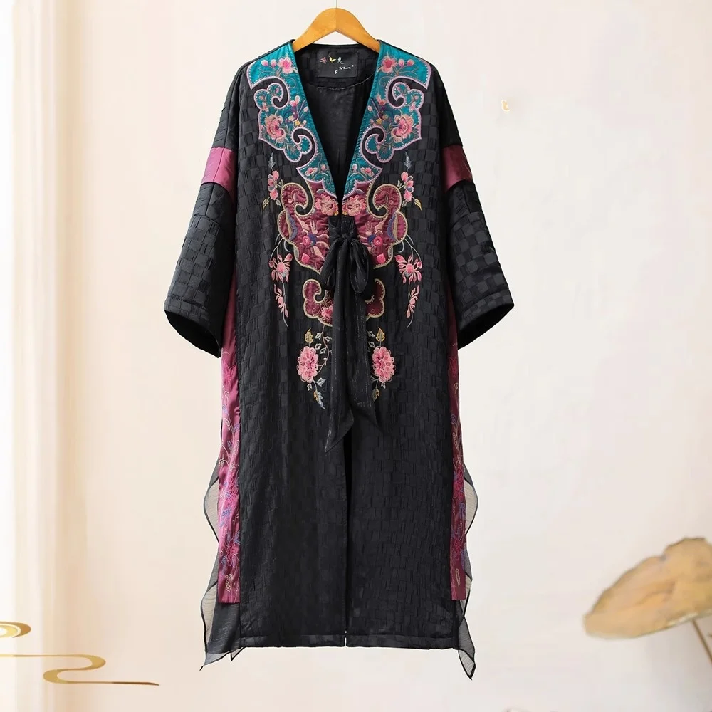 Luxury plus-sized Women's outerwear Winter clothes Vintage Spliced embroidery Long padding Ribbons black ladies warm coats