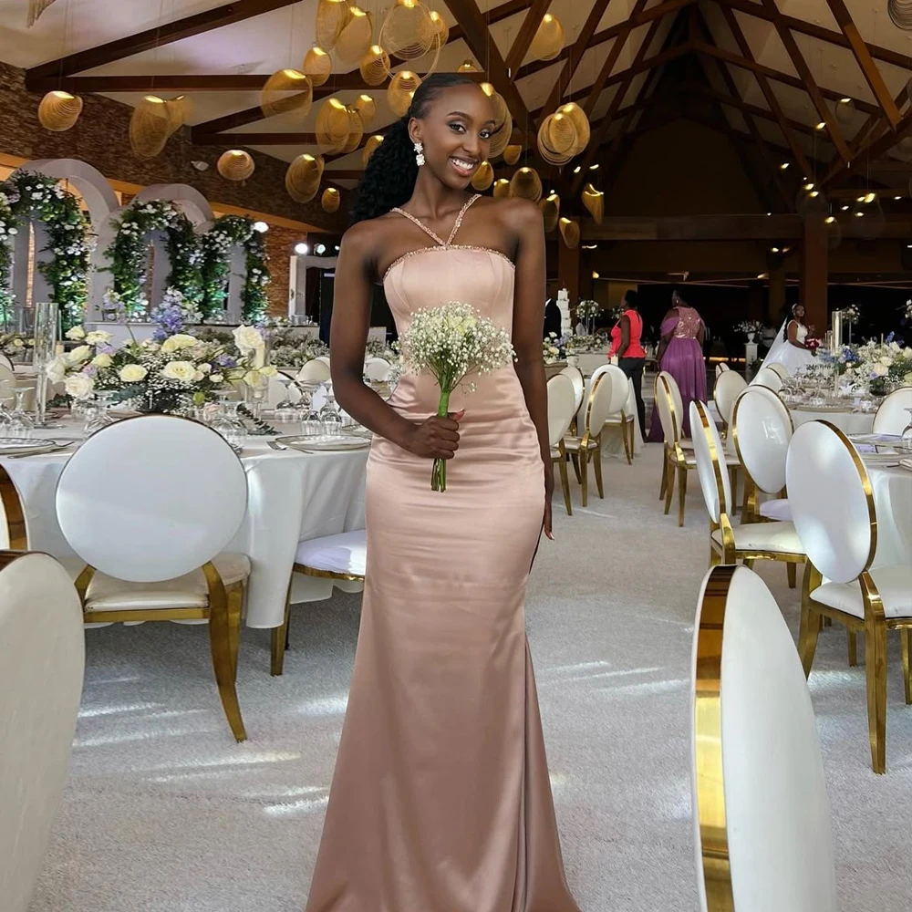 

Satin Crystal Bridesmaid Dresses Auburn Sleeveless Mermaid Africa Wedding Guest Party Gowns Maid of Honor Dress Customized
