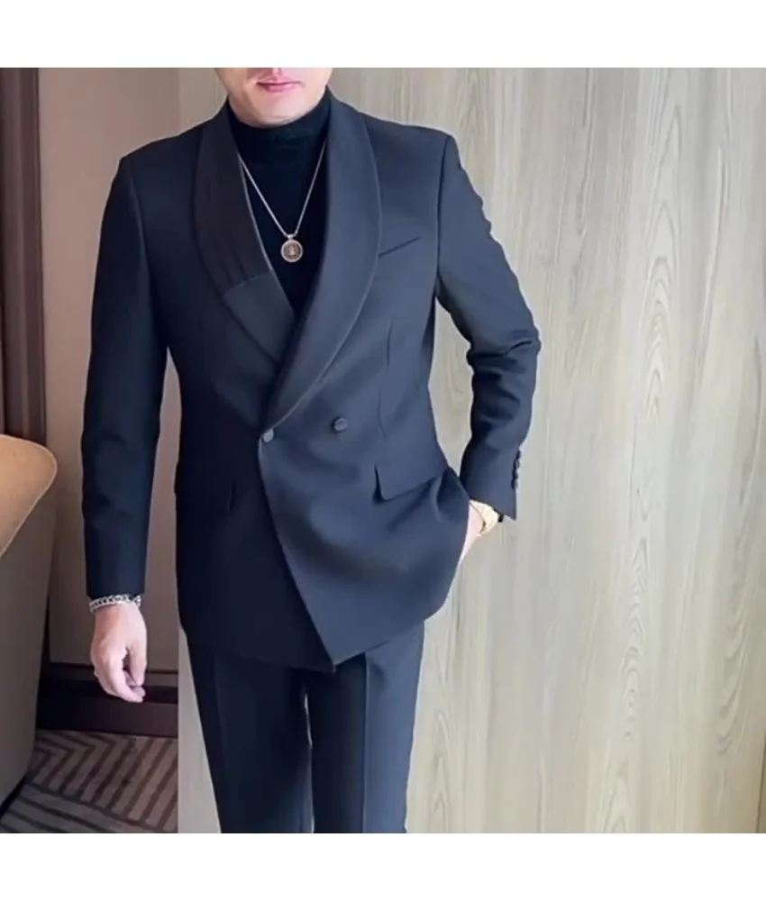 صدر مزدوج، ياقة شال، بدلة ترفيهية مرقعة، بدلة رجالية ضيقة مكونة من قطعتين. بدلة رجالية مكونة من قطعتين (سترة + بنطلون) #1