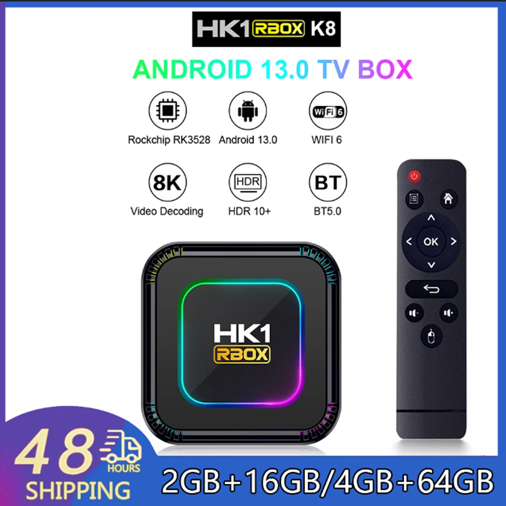 

RGB Light Smart TV BOX HK1 RBOX K8 Android13 WiFi6 Dual WiFi 100M LAN HD Media Player BT5.0 TV Set Top Box 8K HDR10+