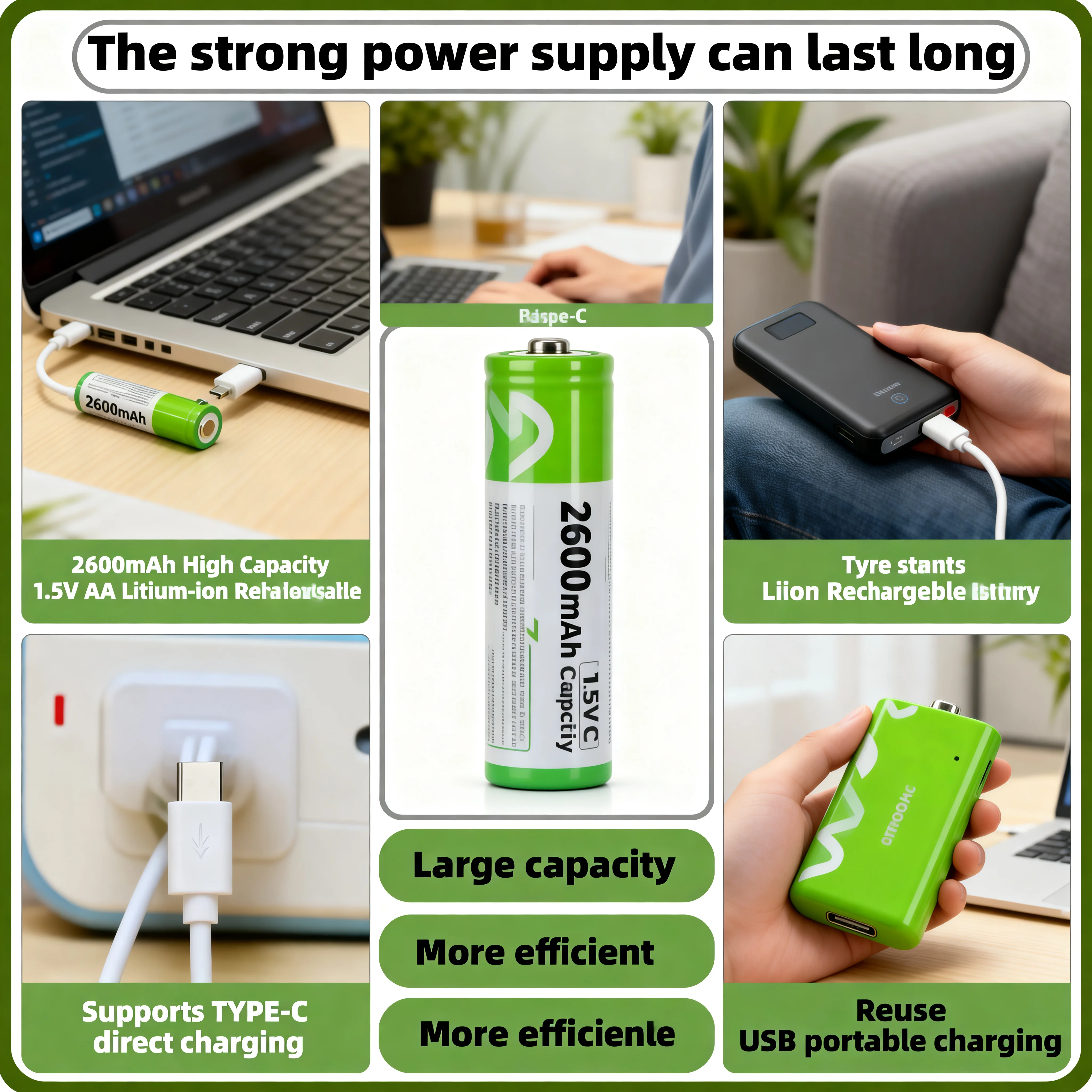 

2600mAh High Capacity 1.5V AA Lithium-ion Rechargeable Battery USB Type-C Fast Charging Cycle Use for Household Electronics