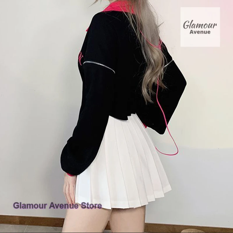 American Spice Girl POLO Collar Contrasting Star Top Women's Spring and Autumn Fashion Design Zipper Lace Irregular Coat