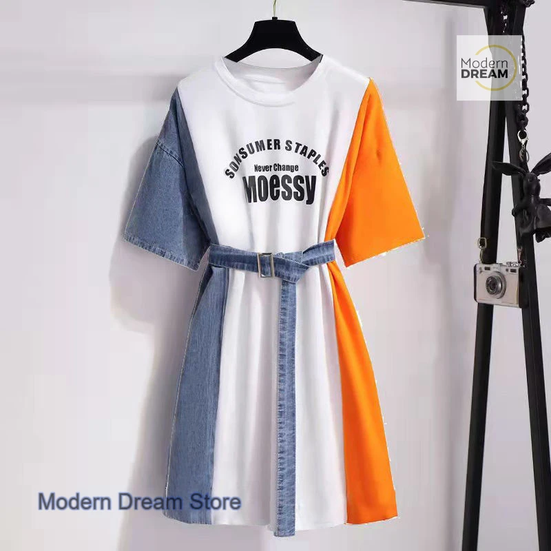 

Korean fashion denim print stitching T-shirt dress female summer new temperament advanced design sense niche waist slim skirt