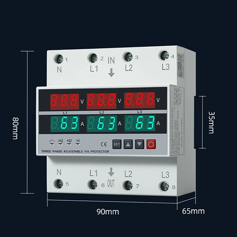 3-fase over- en onderspanningsbeveiliging Verstelbare overstroombeveiliging Din-rail Voltmeter Ampèremeter Relaisbeschermer 63A / 100A