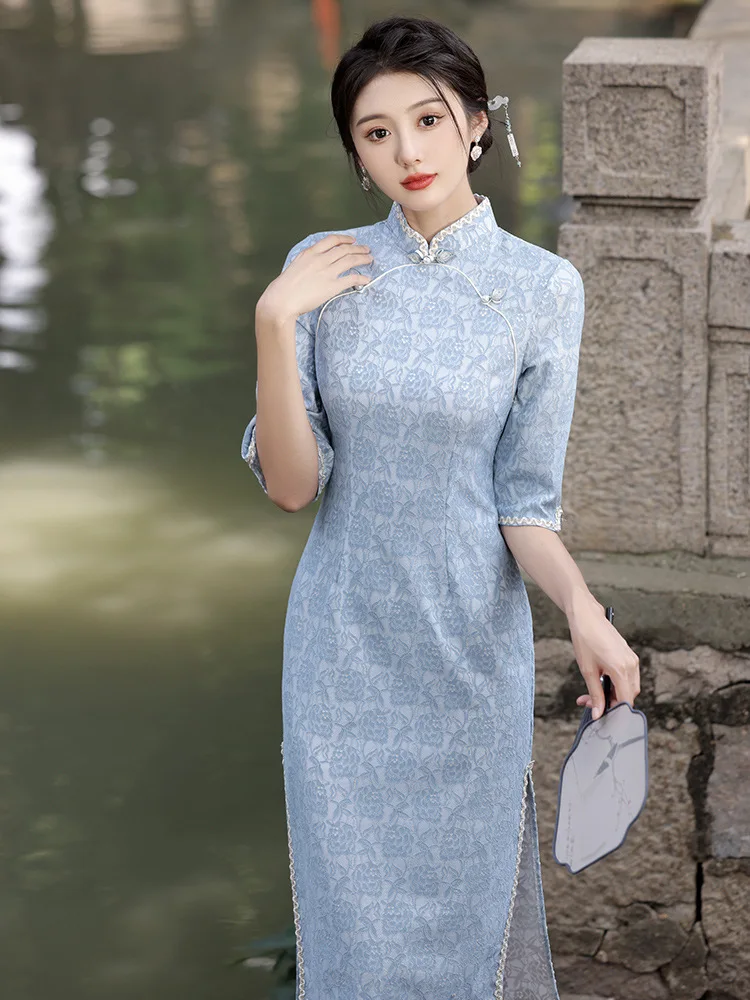 

Sexy Flare Sleeve Embroidery Chiffon Cheongsam Chinese Mandarin Collar Qipao Young Girl Daily Dress