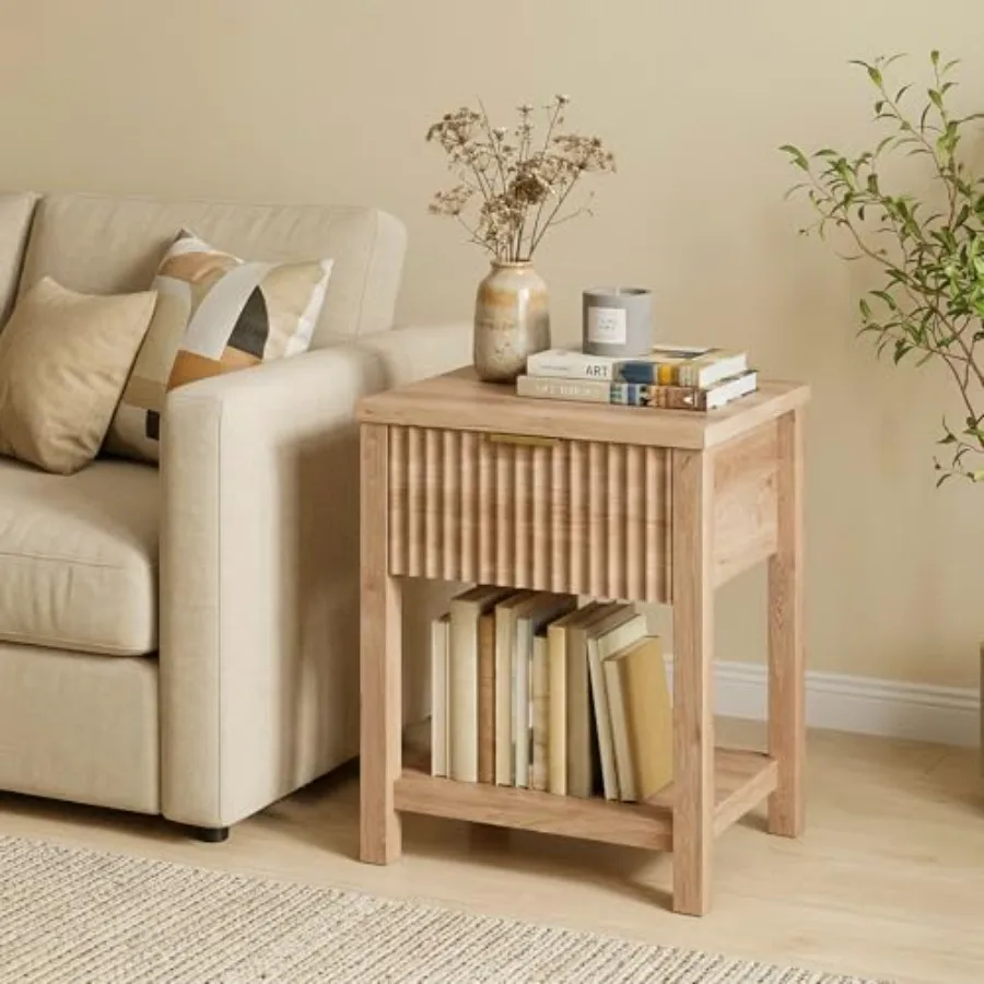 

Fluted Night Stand with Golden Handle Mid-Century Modern Bedside Table in Natural Oak Finish Featuring Drawer Storage Open Shel