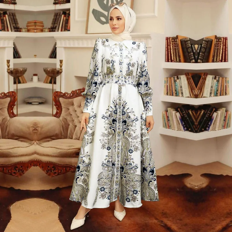 

Islam Ramadan Abaya Muslim Abayat Dress White Print Slim Big Skirt Robe Femme Musulman Stylish Elegant Ladies Dress Robe Longue