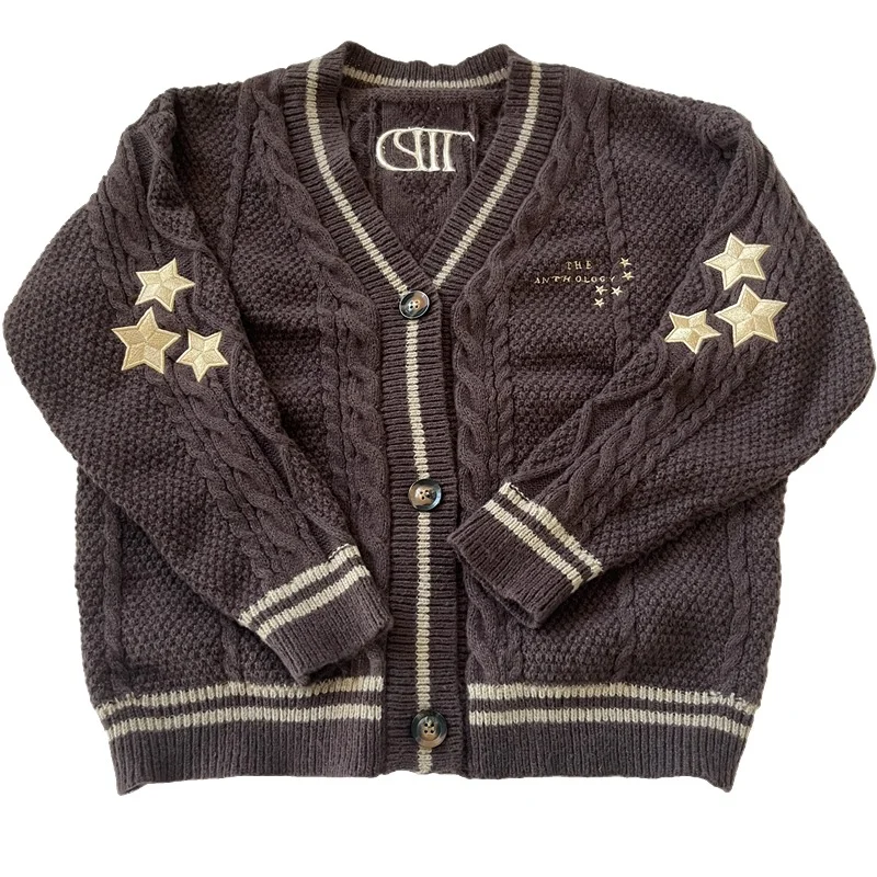 Autumn Winter Star Cardigan Women Letter Embroidered Sweater for Concert Tops Female Fashion Dark Brown Knitted Cardigans Mujer