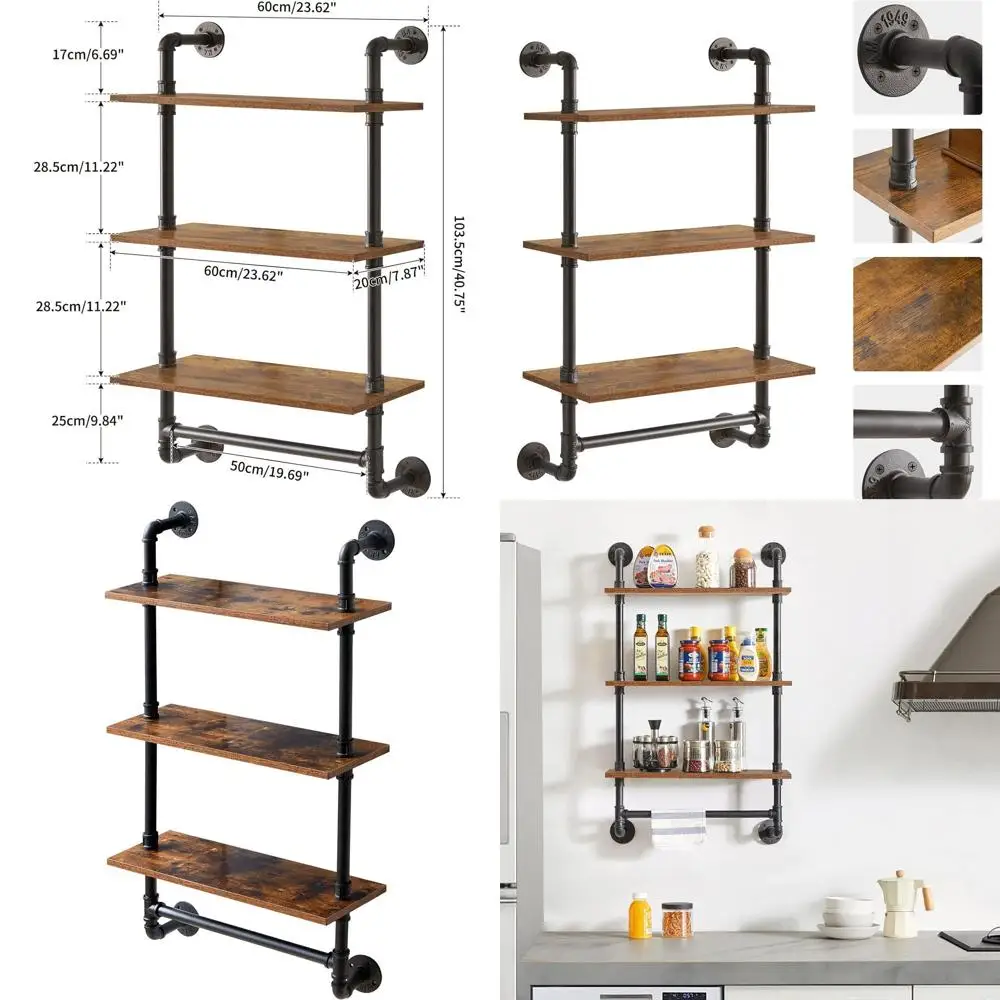 

Трехуровневая пристенная полка из промышленных труб с держателем для полотенец, 40,5 дюймов, для спальни, кухни, гостиной, ванной комнаты