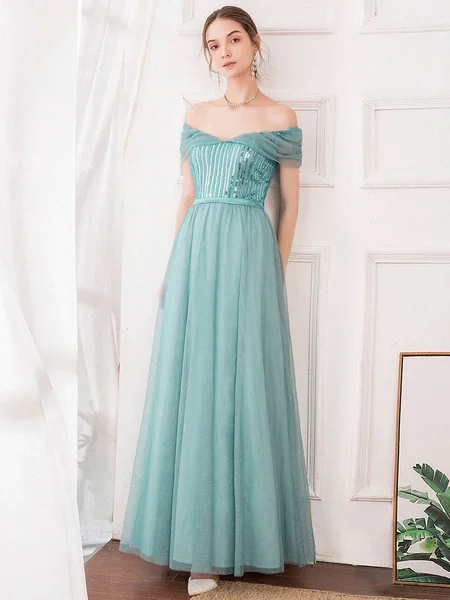 

Customized Exquisite Sequined Beading Pleat A-line Off-the-shoulder Long Dresses Bespoke Occasion Dresses Sparkle Formal Fashion