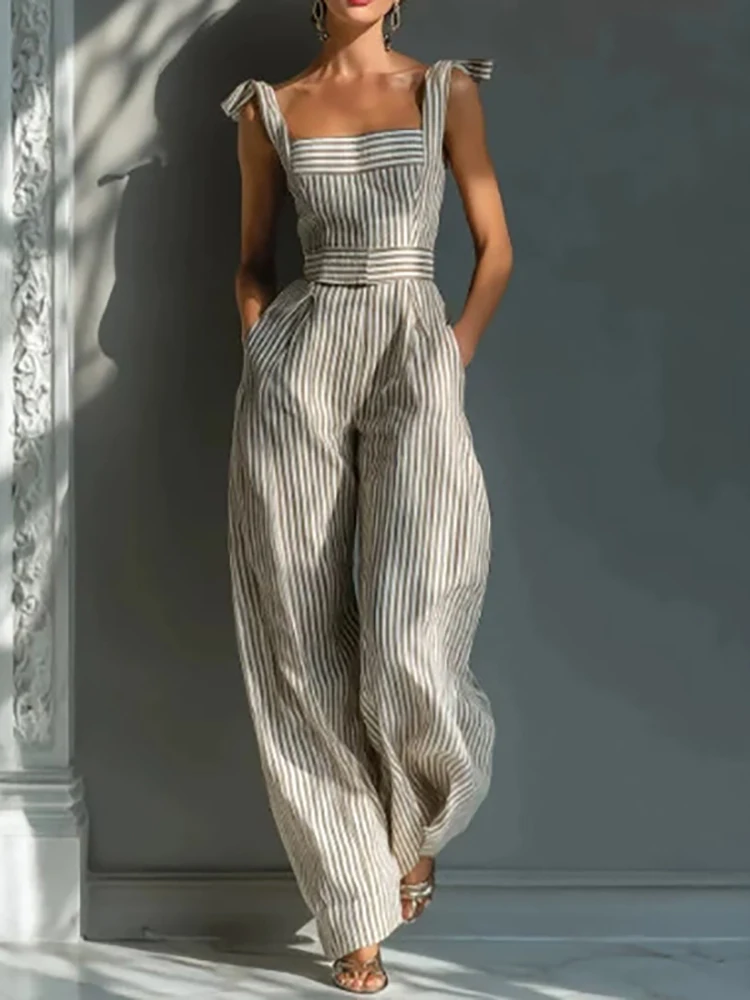 

Casual Sleeveless Wide Leg Pants Romper Women Fashion High Waist Pocket Playsuits Elegant Striped Print Commute Long Jumpsuits