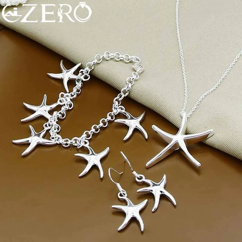 

ALIZERO 925 Sterling Silver Starfish Bracelet Necklace Earrings Set for Women Fashion Wedding Engagement Party Jewelry