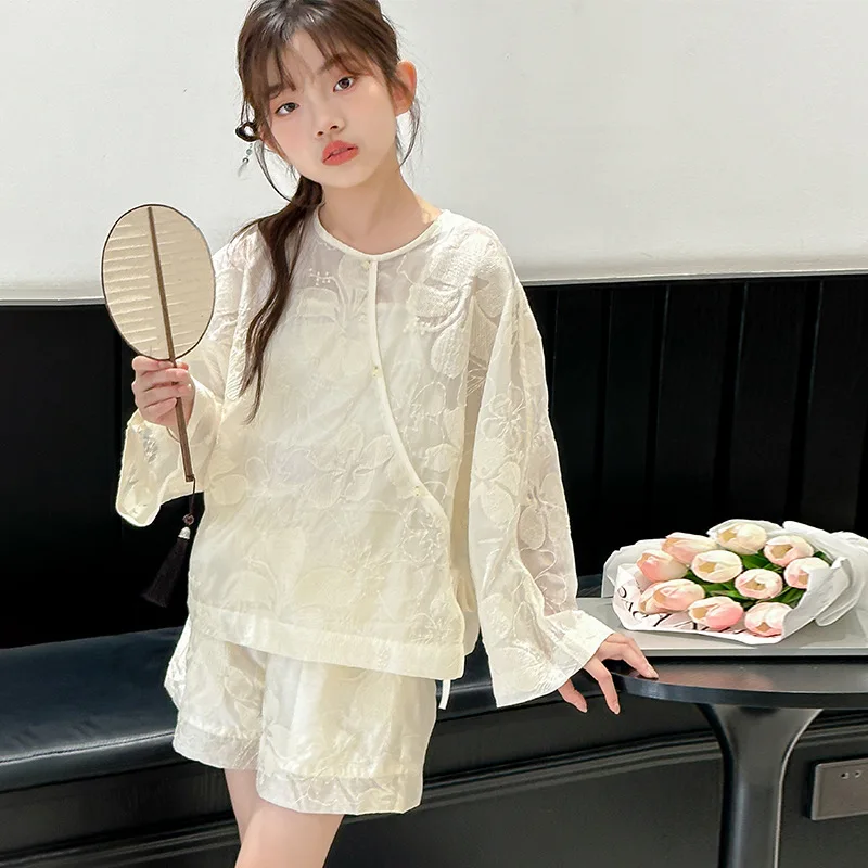 

Girls Suits National Wind Sun Protection Three-piece Set 2024 New Summer Button Long-sleeved Top Thin Shorts Straps Suits