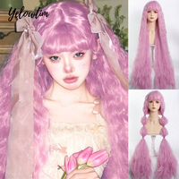 40 Inch Super Long Curly Wavy Long Pink Purple Synthetic Wigs with Bangs Lolita Cosplay Party Halloween Natural Afro Hair