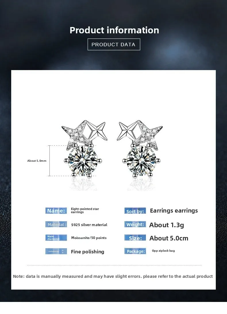 S925 الفضة الذهب الأبيض مطلي 0.5CTx2 D اللون 8 نقاط ستار مويسانيتي وأقراط للنساء ، أنيقة غرامة مجوهرات هدية