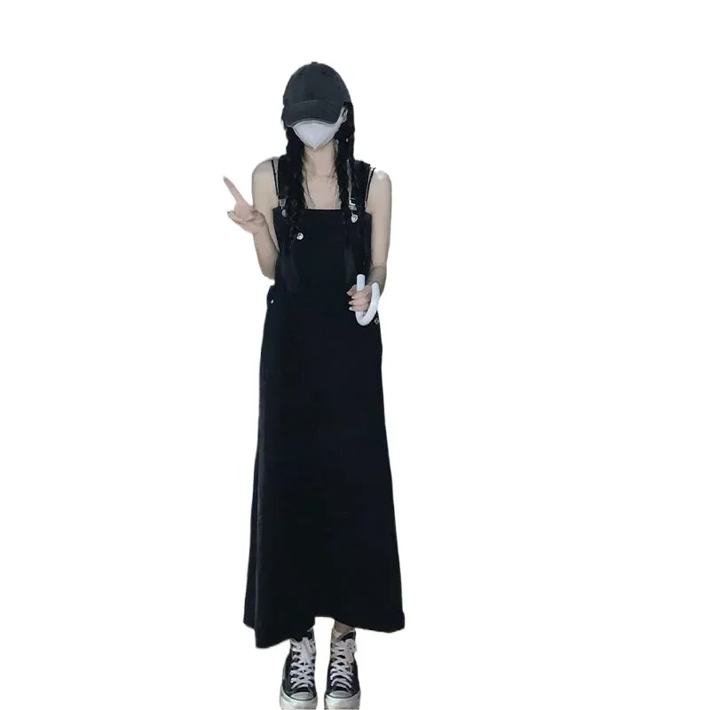 

2024 New Vintage Black Denim Strap Dress Women's Spring Summer Retro Punk Long Dress Y2K Loose and Slim Dresses Female Clothing