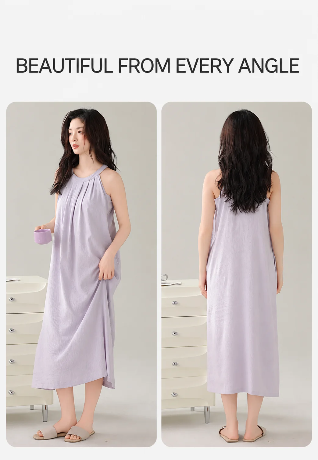 Damen Gepolstertes Ärmelloses Nachthemd mit Eingebautem BH, Herausnehmbaren Polstern, Langes, Weiches Schlafkleid, Sommer-Loungewear, Hauskleid mit Tasche – Detail 26