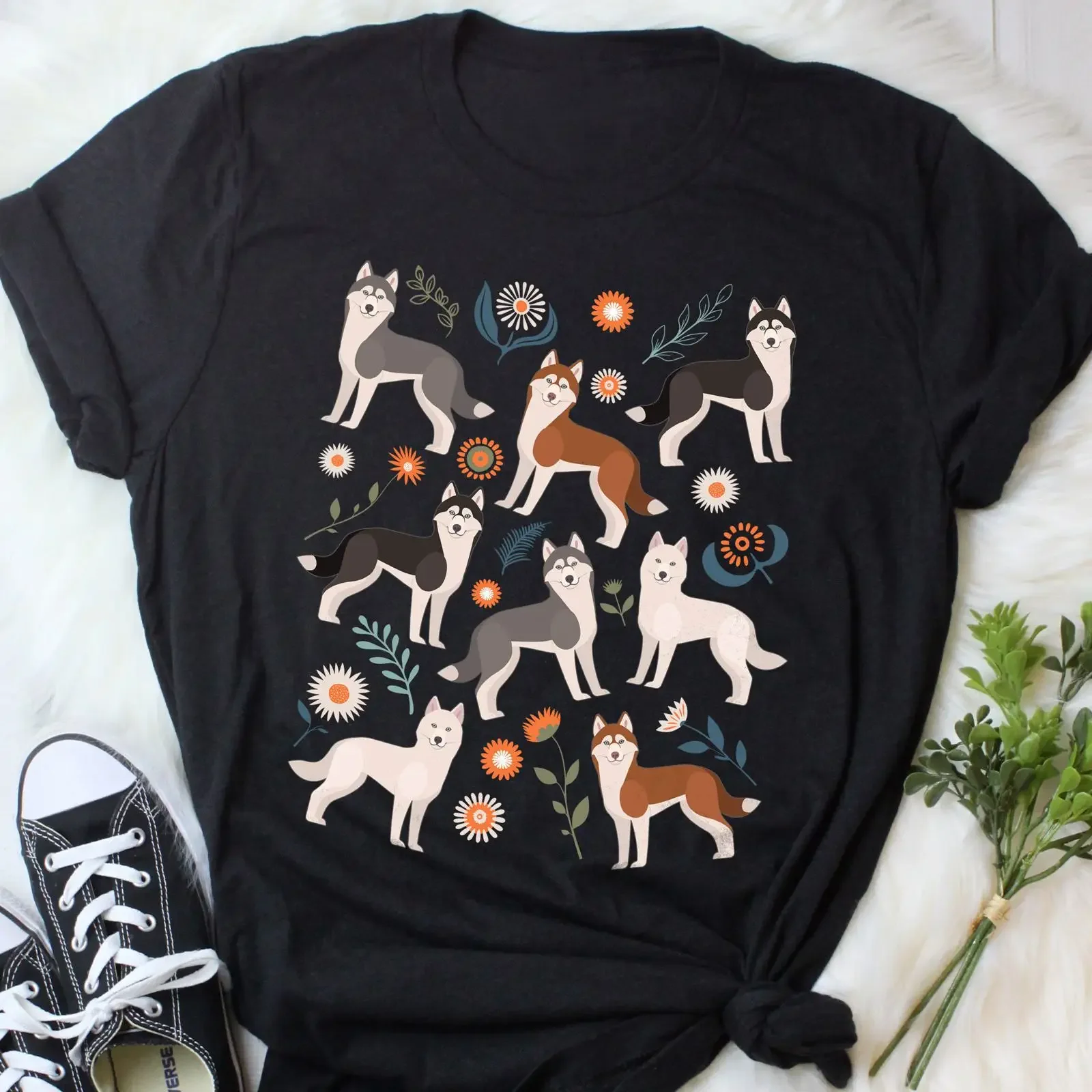 Cute Husky Floral T shirt Dog Lover for Owner Casual Pet with Red Black White Gray Huskies vintage Washed Versatile Stylish