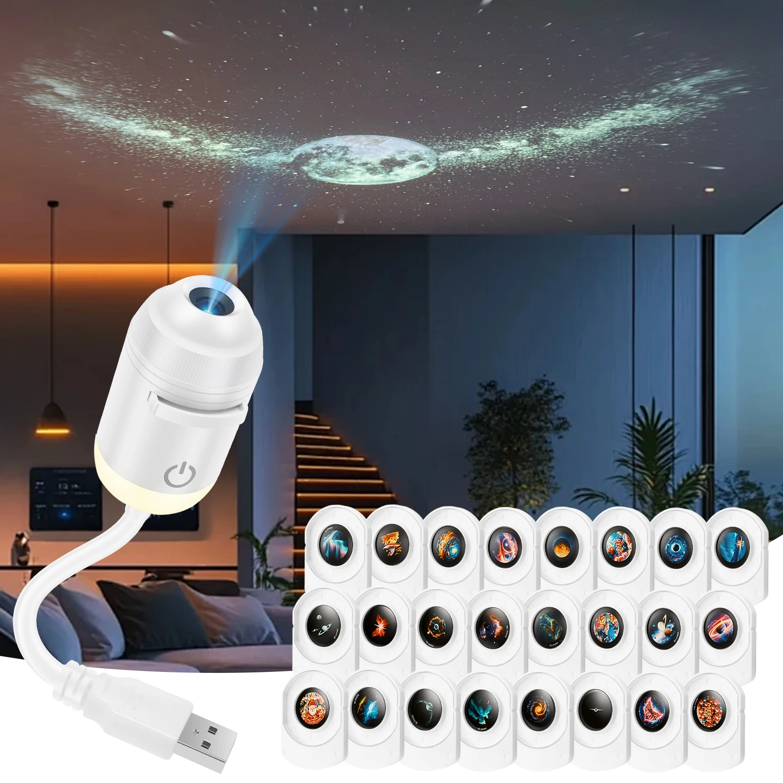 2 in 1 Star Projector Night Light Adjustable Focus 24Films Starry Sky Ambient Lamp USB Powered for Bedroom Car Perfect Christmas
