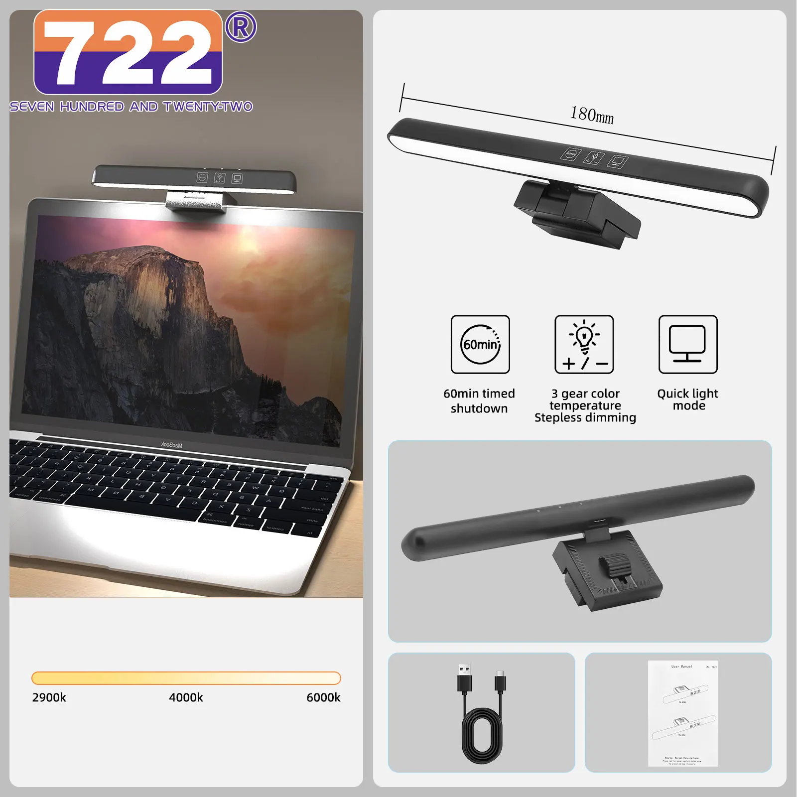 

﻿ ﻿ Monitor Light Bar LED Computer Screen Hanging Lights Bar Monitor For Work Read Gaming Dimming Lighting 18CM 3 Color Temp