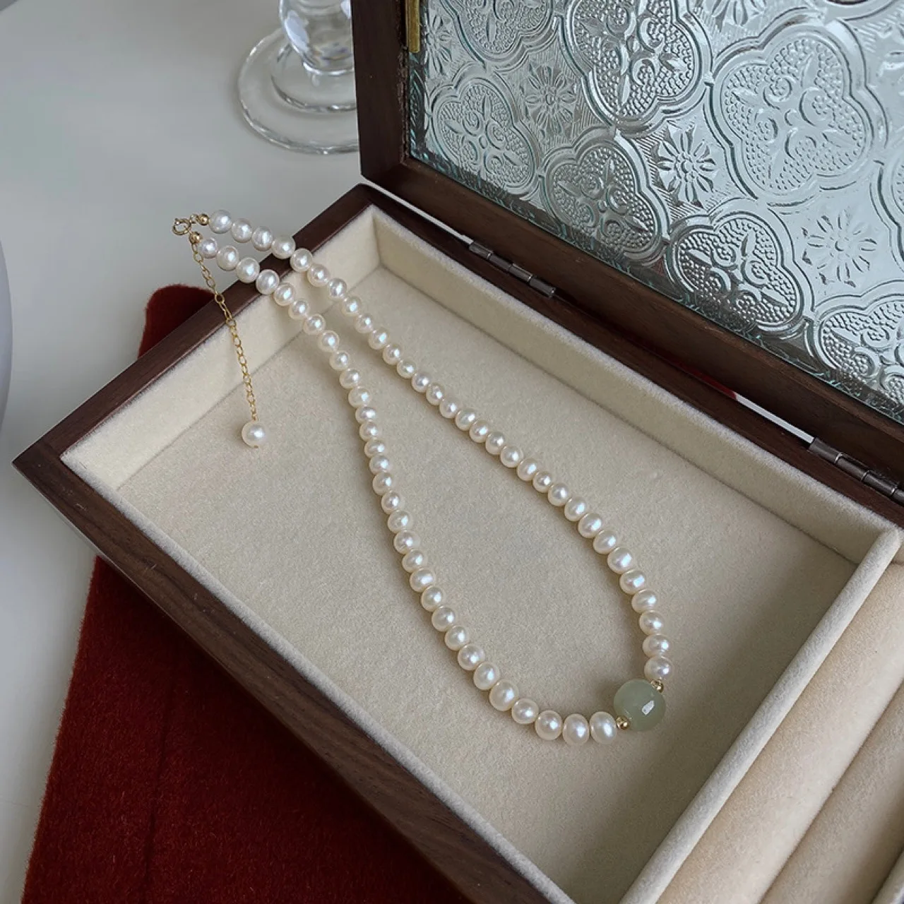 100 % natürliche helle Süßwasserperle und Nephrit-Jade-Stein, 14 Karat Gold gefüllt, weibliche Halskette, Schmuck für Frauen, kurze Ketten, Geschenke – Detail 2