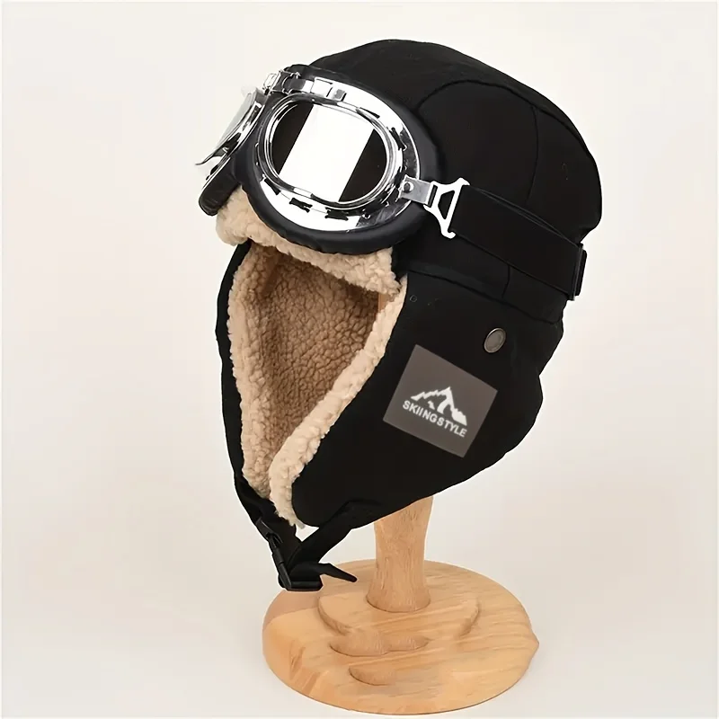 Winter Upgraded Thickened Ski Hat Outdoor Hat with Label Design, 2pcs Set with Glasses, Plush Thick Warm Design for Christmas.