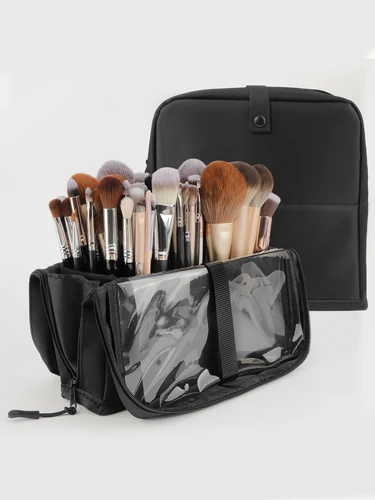 Bolsa para brochas de maquillaje portátil, color negro, bolsa de almacenamiento multifuncional de gran capacidad, bolsa para brochas (cierre de bloqueo magnético)