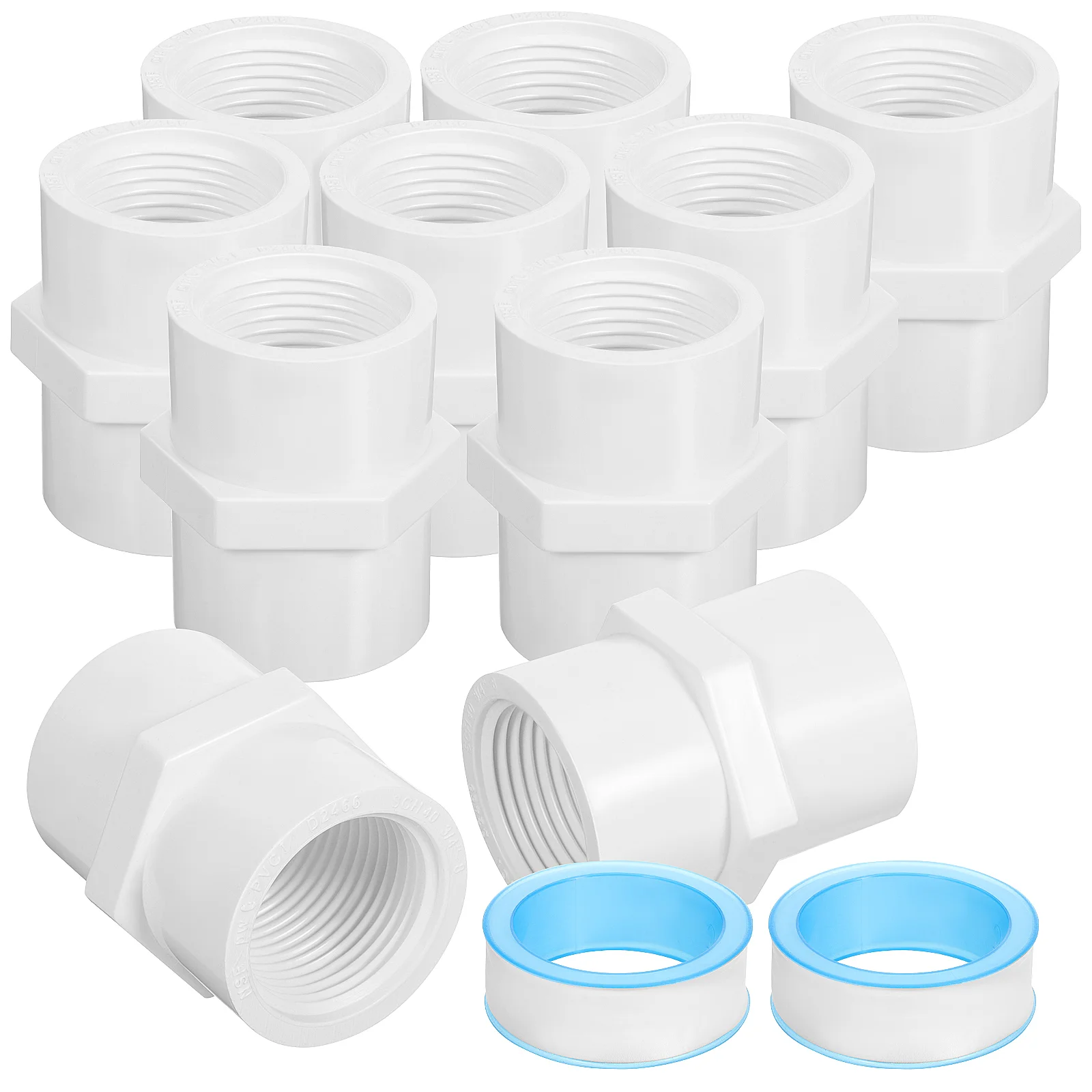 10pcs White PVC Pipe Fittings SCH40 Threaded Couplings 3 4 Inch Plumbing Connectors Sealed Tape Included Water Pipe