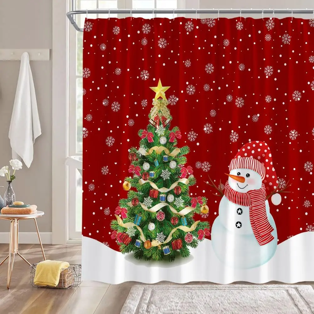

Merry Christmas Red Background Shower Curtain Snowman Pine Tree Snowy Scenery Landscape Bathroom Decor Polyester Bathtub Curtain