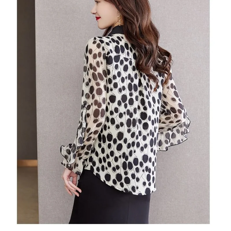 2023 Spring New Polka Dot Printing Scarf Collar Lace-up Loose Long Sleeves Office Lady Comfortable Leisure Chiffon Shirt Top