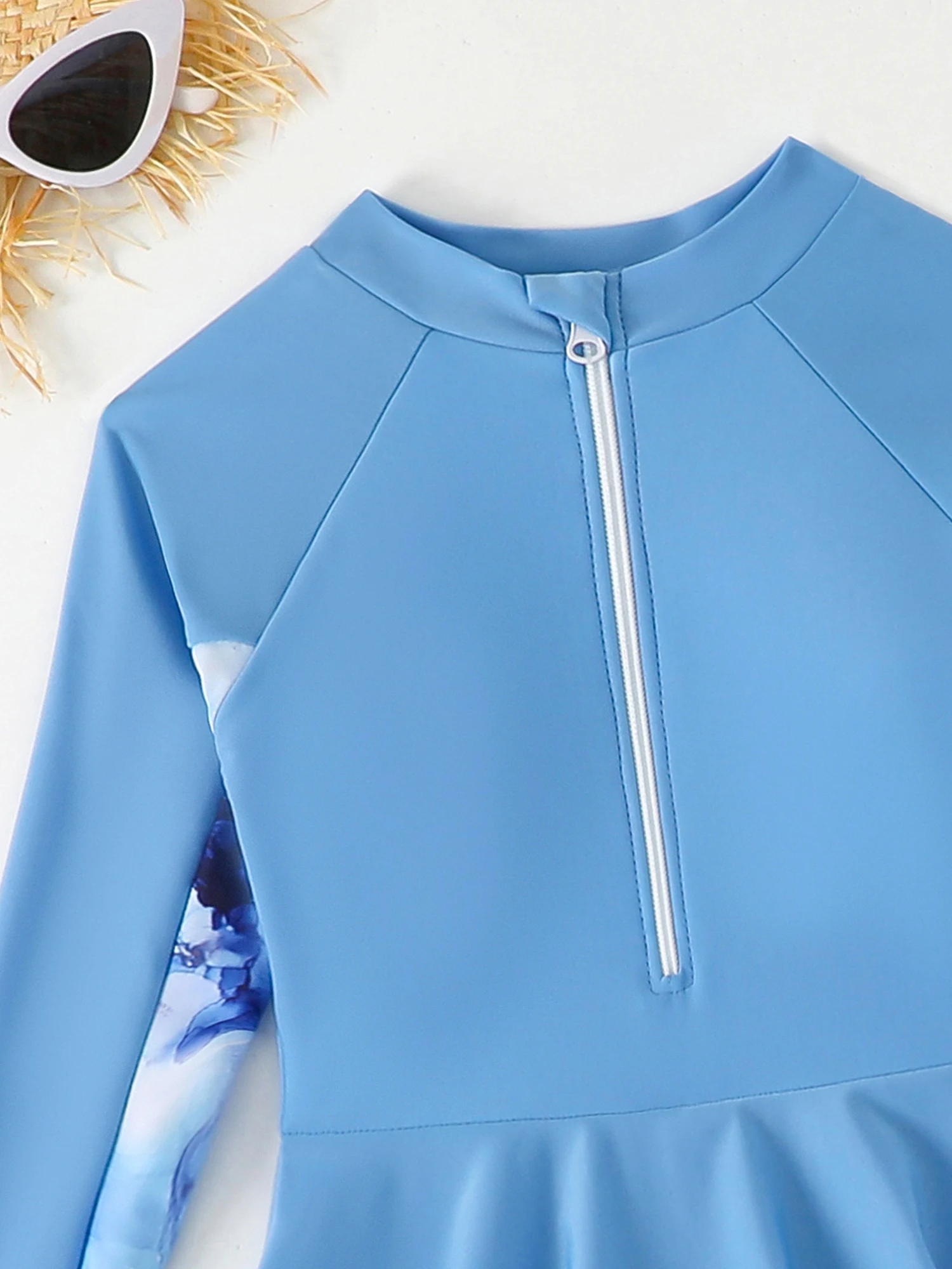 Girls Three Pieces Swimsuit Full Coverage Surfing Swimwear Long Sleeve Half Zipper Dress Top with Briefs Long Pants Bathing Suit