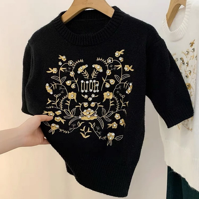 Summer Sweater Pullover Embroidery Rhinestone Crop Tops Graphic Y2K Women\'s Clothing Aesthetic Short Sleeve Tees Vintage Tshirts