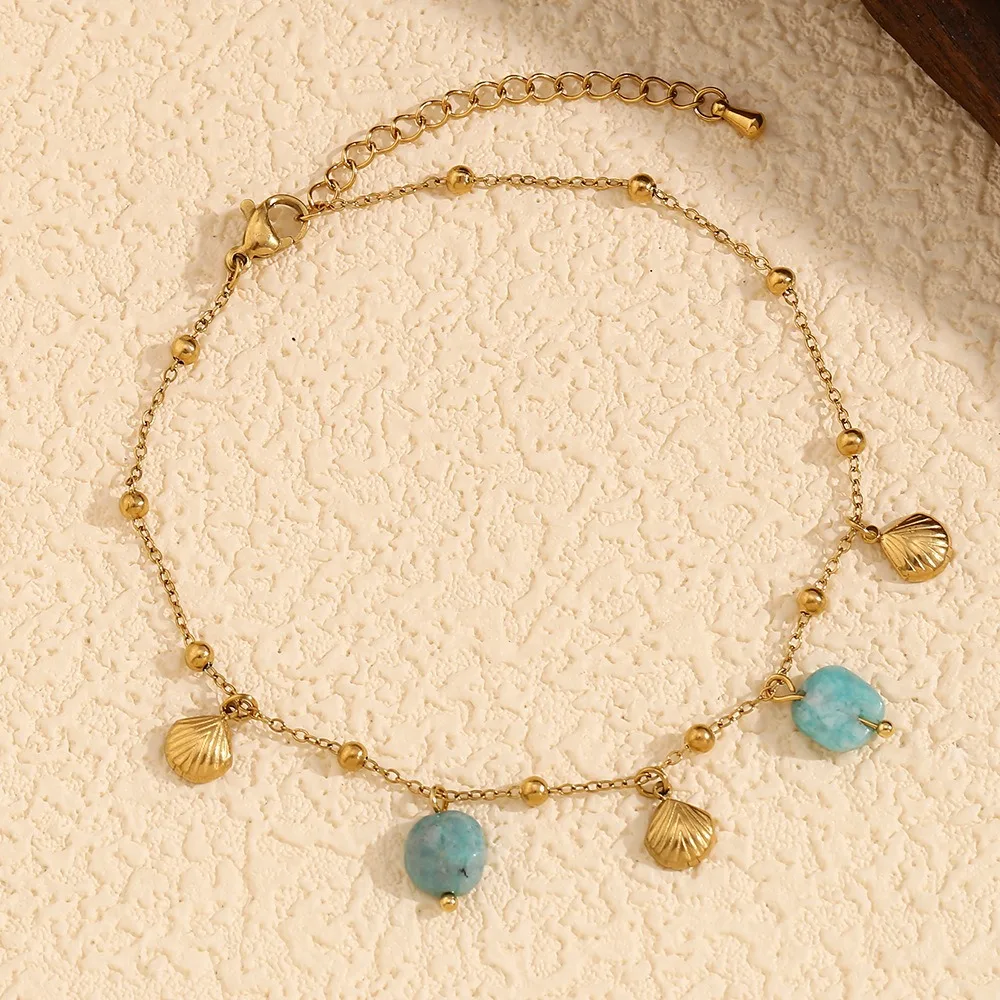 Tobillera de acero inoxidable chapada en oro de 18K para mujer, cadena de piedra Natural sin deslustre, Serie Ocean, Verano